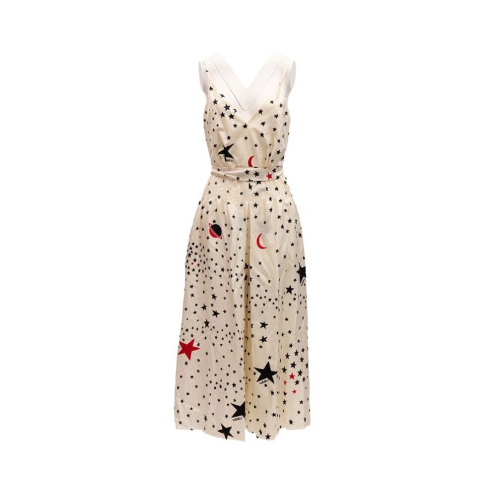 Valentino Garavani Midi Cream With Black And Red Stars Women's Dress